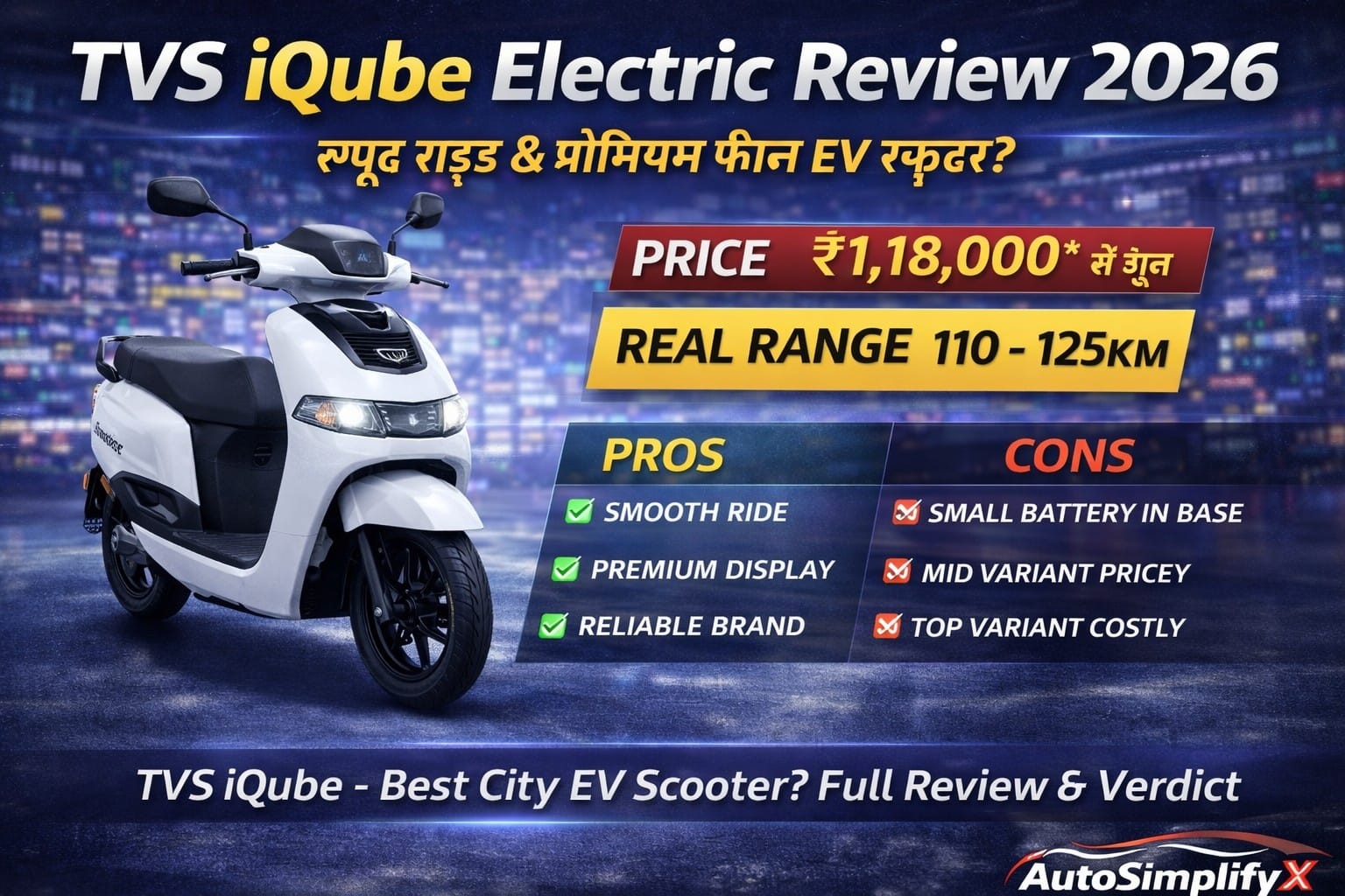 TVS iQube Electric Scooter 2026 white color model with price ₹1.18 lakh and real world range 110-125km – full review image