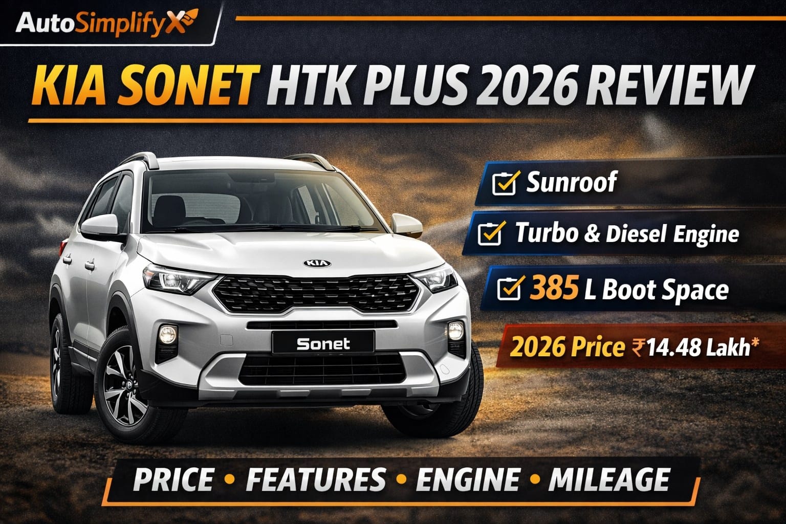 Kia Sonet HTK Plus 2026 front design and features
