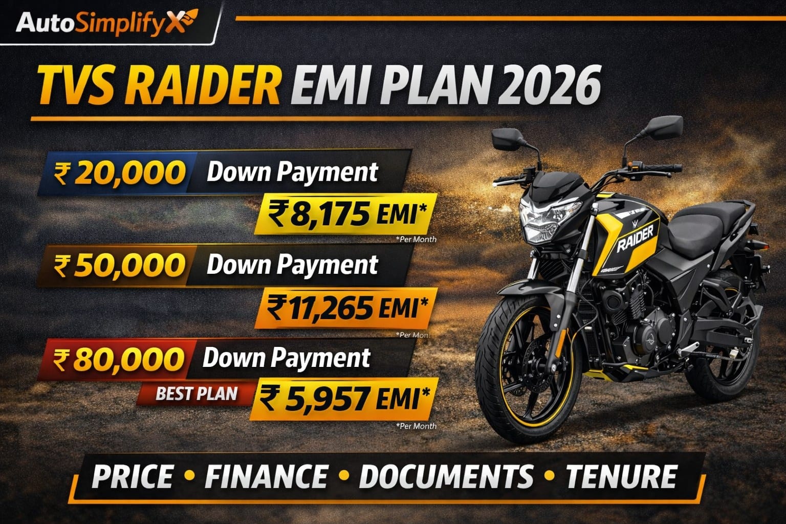 TVS Raider 2026 bike with EMI plan and down payment details