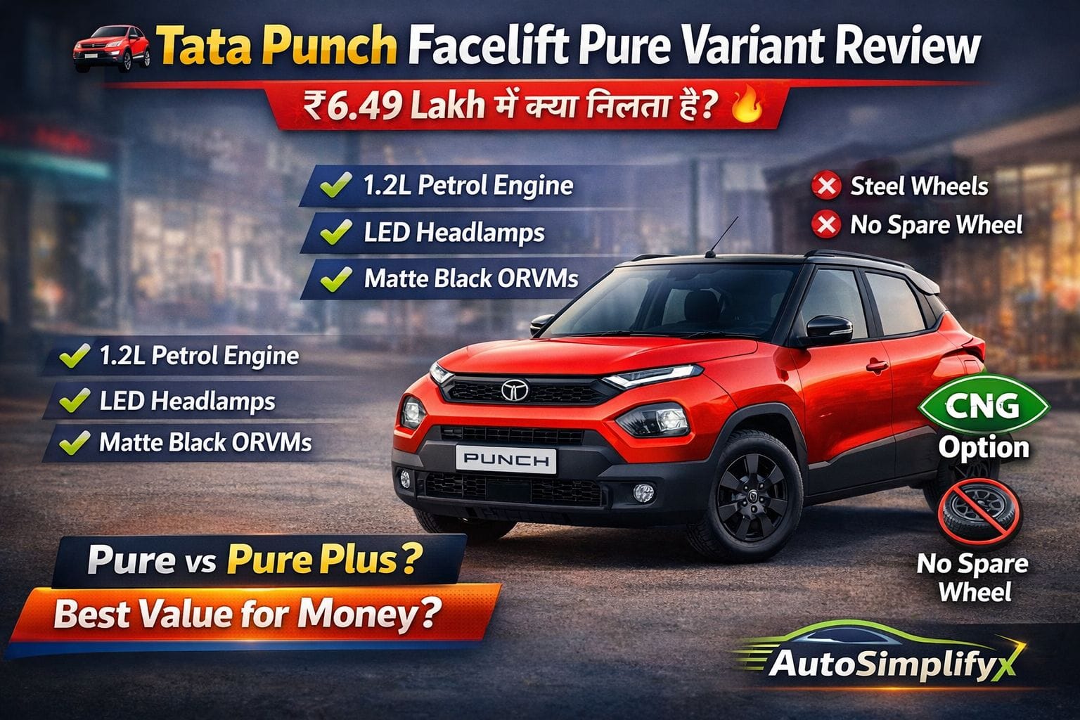 Tata Punch Facelift Pure Variant 2026 featured image showing exterior design, LED headlamps and CNG option – AutoSimplifyx