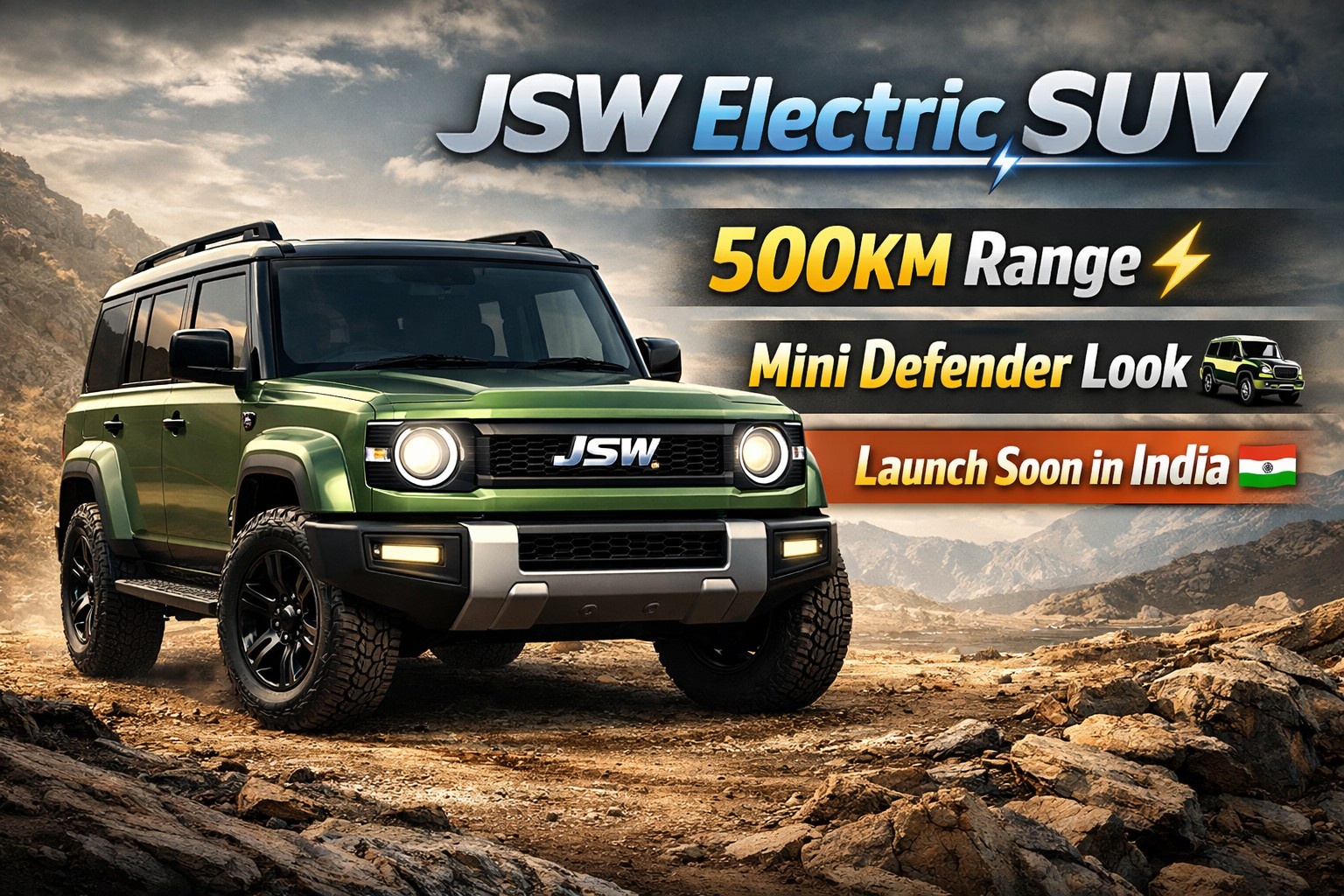 JSW upcoming electric SUV with 500km range and mini defender style design