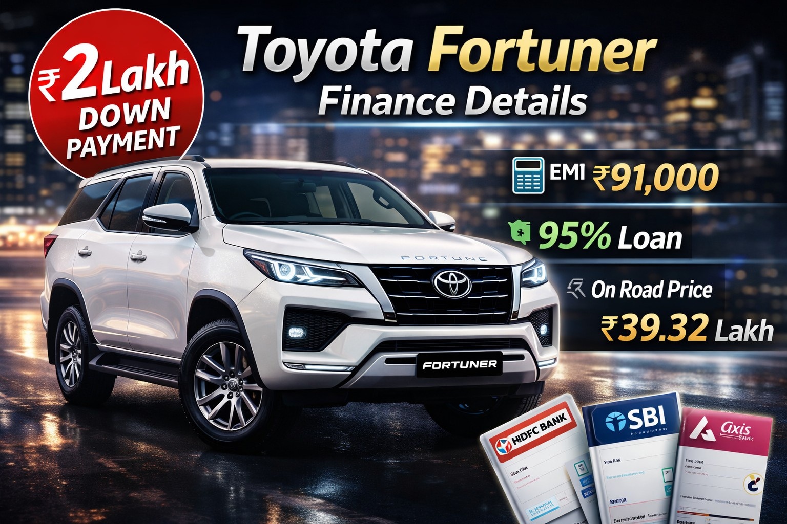 Toyota Fortuner SUV finance plan with 2 lakh down payment, EMI details and on road price in Delhi