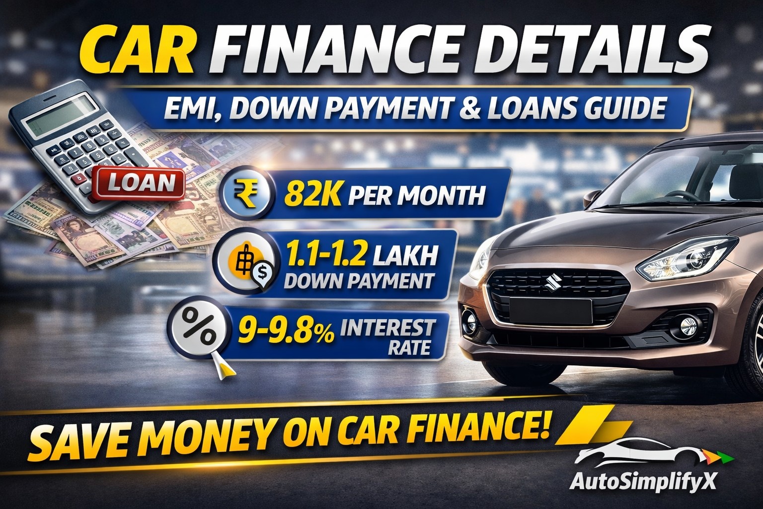 Car finance banner showing EMI 82k per month, 1.1 to 1.2 lakh down payment and 9 to 9.8 percent interest rate with car and calculator